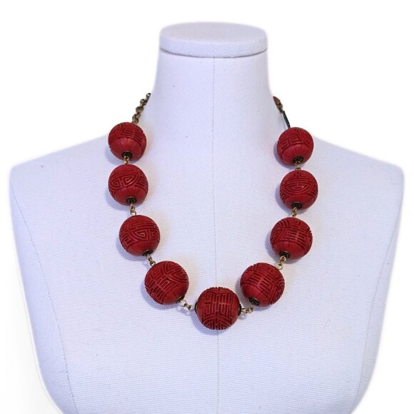 Vintage Chunky Cinnabar Necklace Signed Jan Michaels Carved Beaded Statement - Picture 1 of 7
